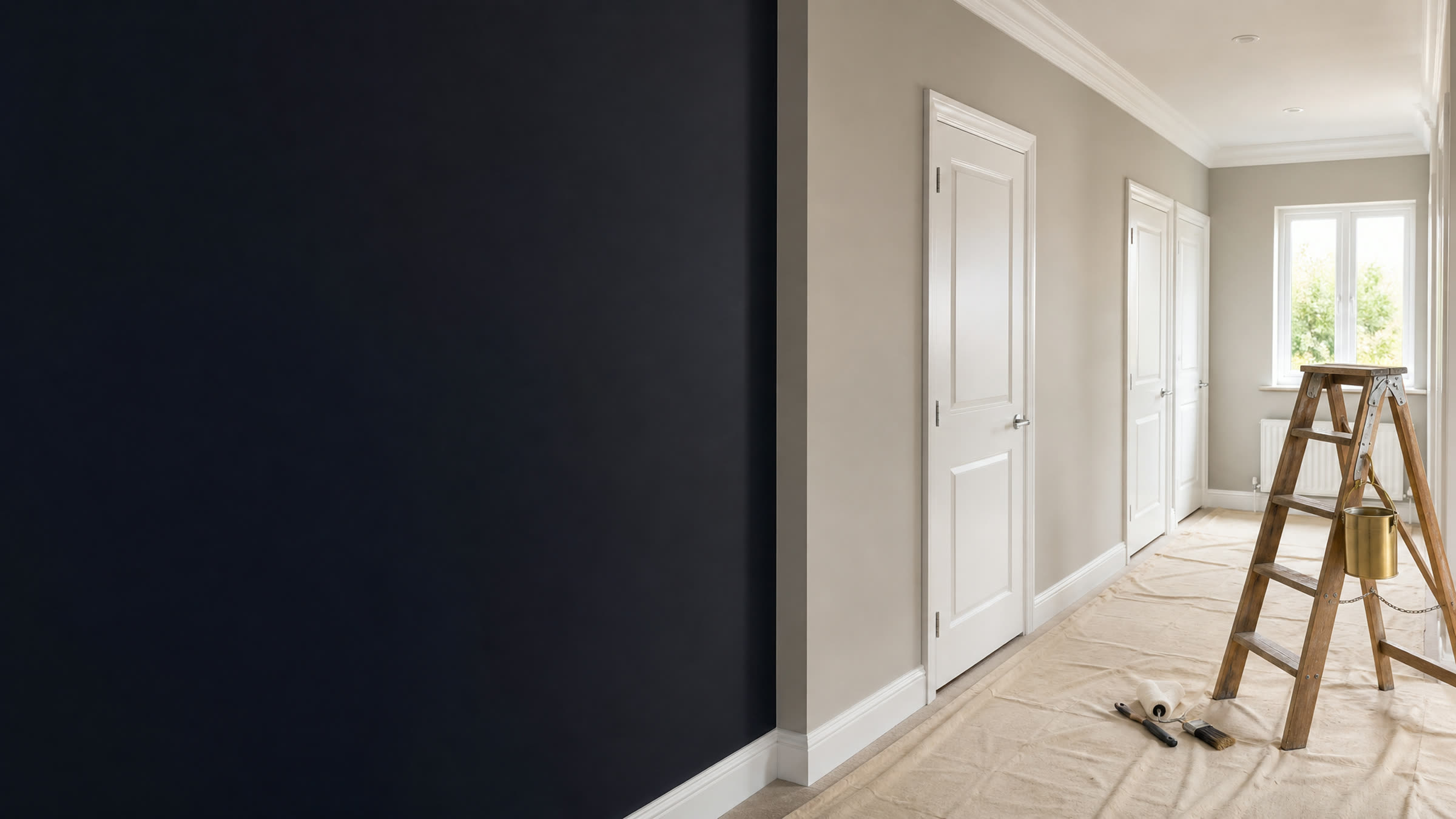 Freshly decorated hallway prepared for careful painting